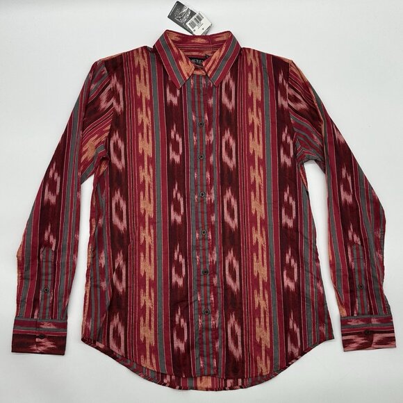 Lauren Ralph Lauren Size Small Red Geo Striped Cotton Voile Button Up Shirt NWT - Picture 2 of 13
